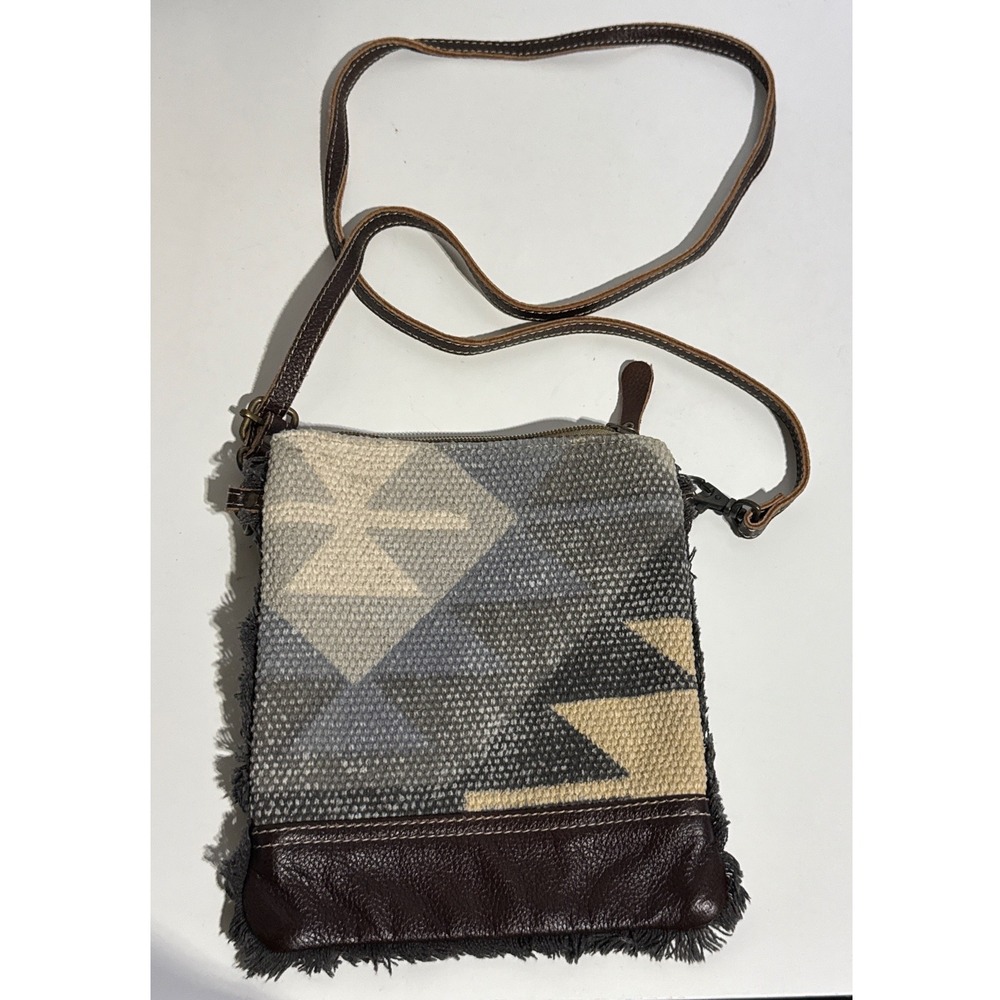 Myra Bag Womens Small Crossbody Bag Gray Tan Geometric Woven Canvas Leather Boho